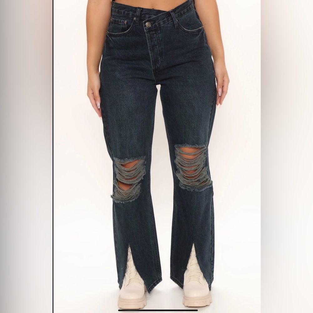 Crossover Split Hem Distressed Jeans